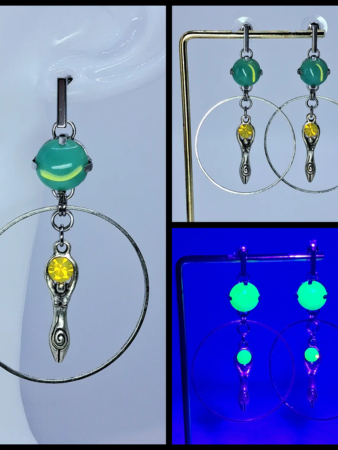 Moon Goddess Green and Yellow opal Uranium glass earrings -       #Be085 1