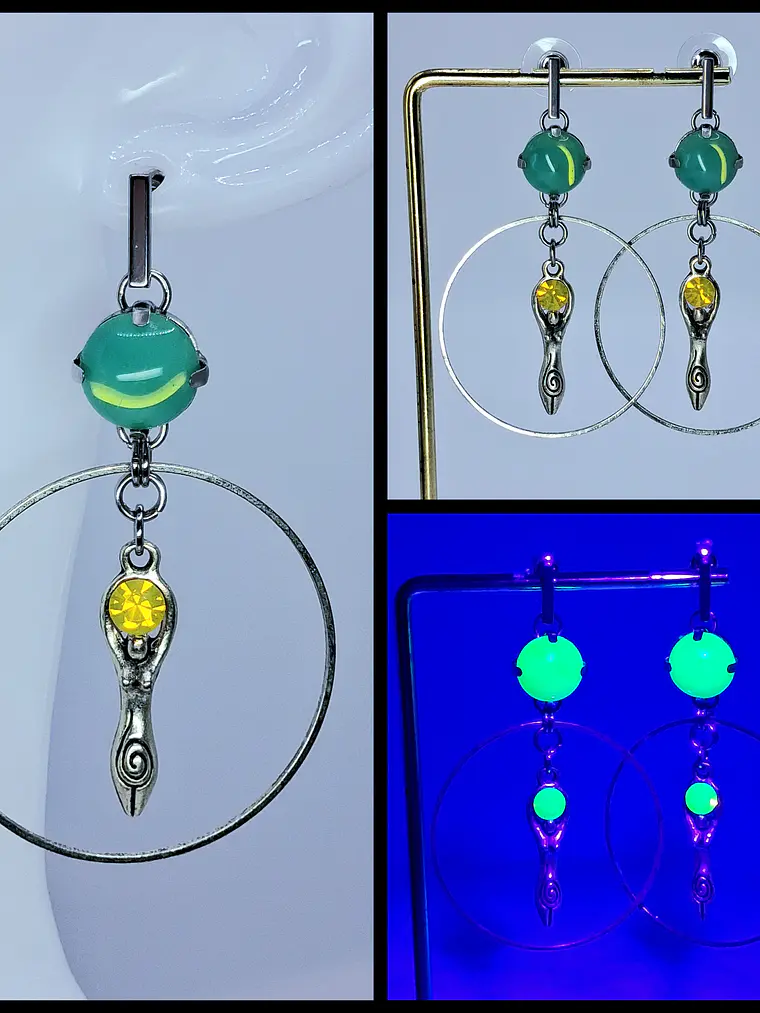 Moon Goddess Green and Yellow opal Uranium glass earrings -       #Be085 1