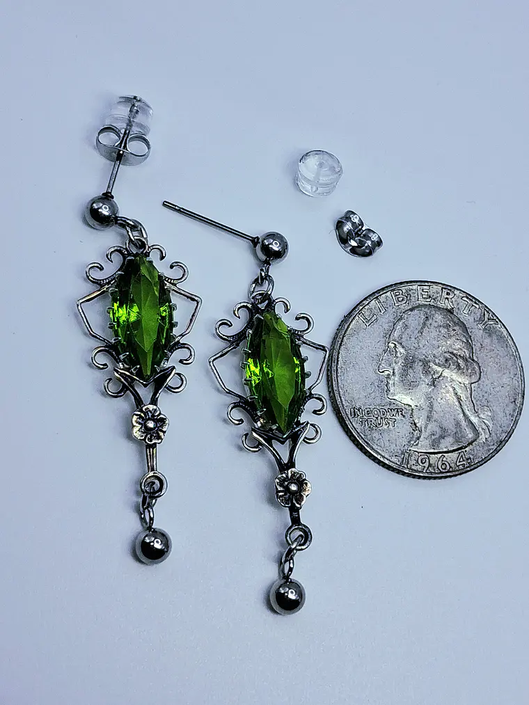 Beautiful, floral Tourmaline green Uranium glass earrings -         #Be086 5