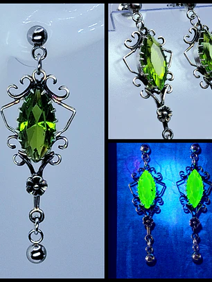 Beautiful, floral Tourmaline green Uranium glass earrings -         #Be086