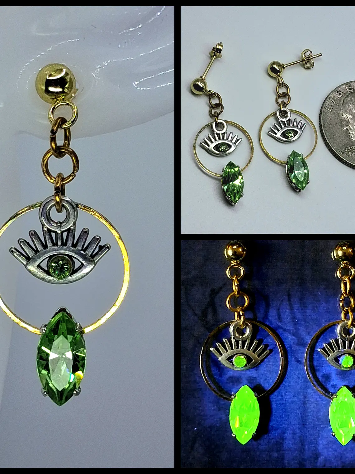 Silver & Gold plated Eye of protection, Uranium glass earrings -      #Be021 1