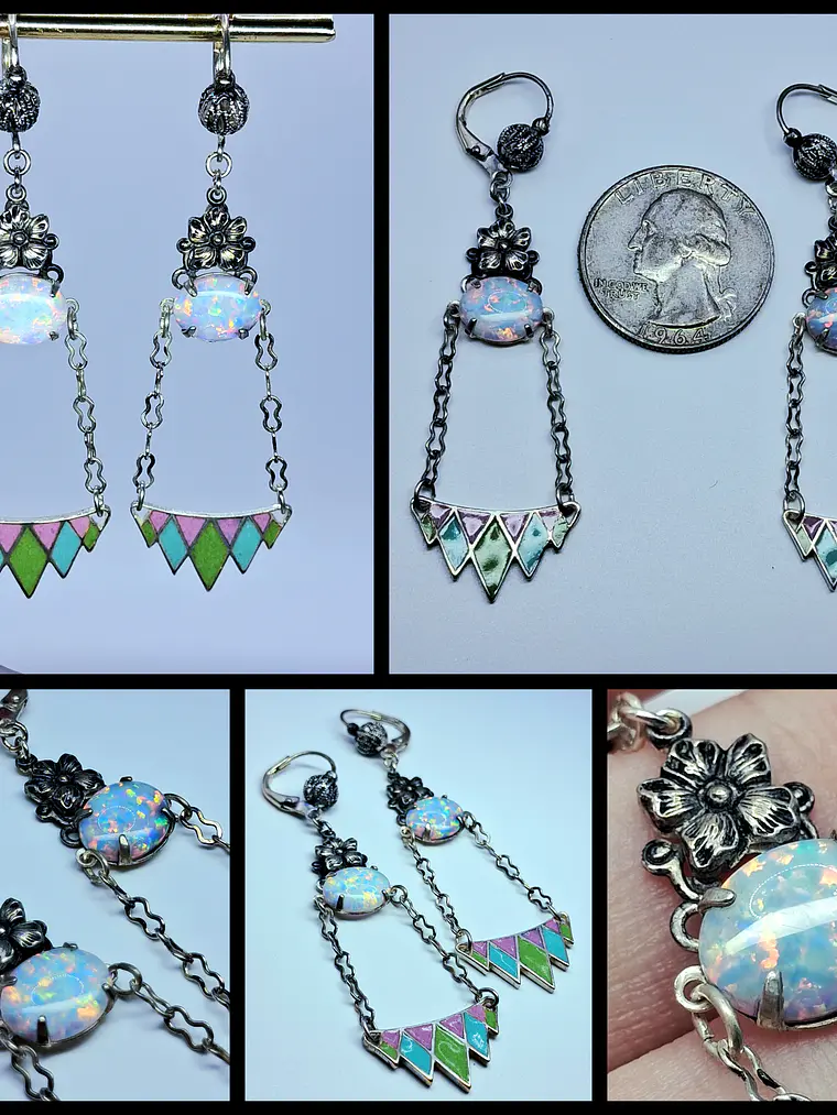 Beautiful floral glass enamel and Opal earrings -       #Be066 1