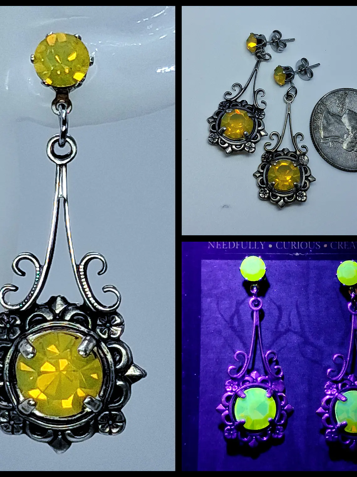 Stunning Art Deco style Yellow Opal Uranium glass earrings -           #Be074 1
