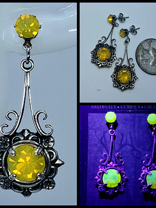 Stunning Art Deco style Yellow Opal Uranium glass earrings -           #Be074