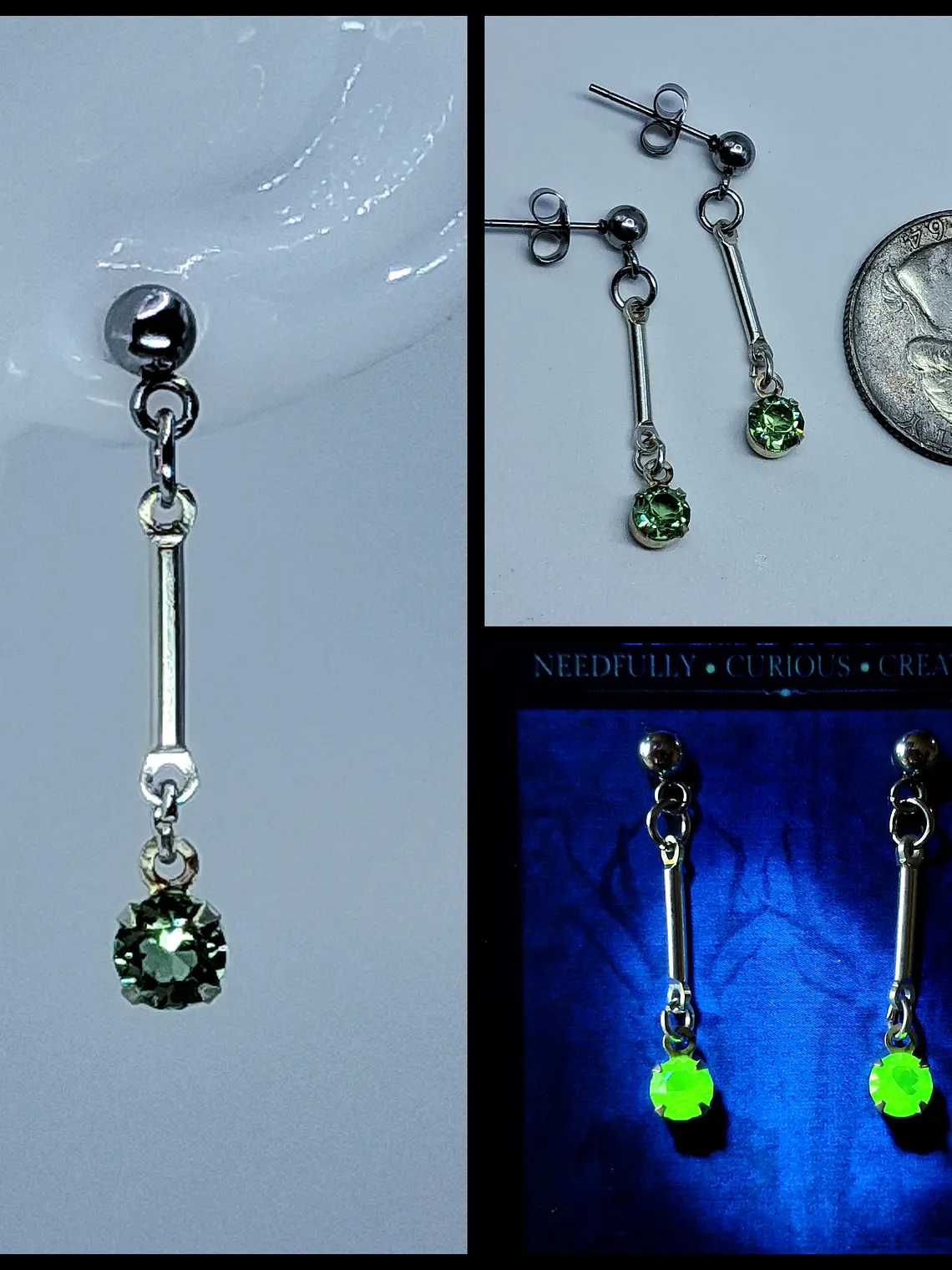 Delicate silver Apple green Uranium glass earrings  -          #Be076 1