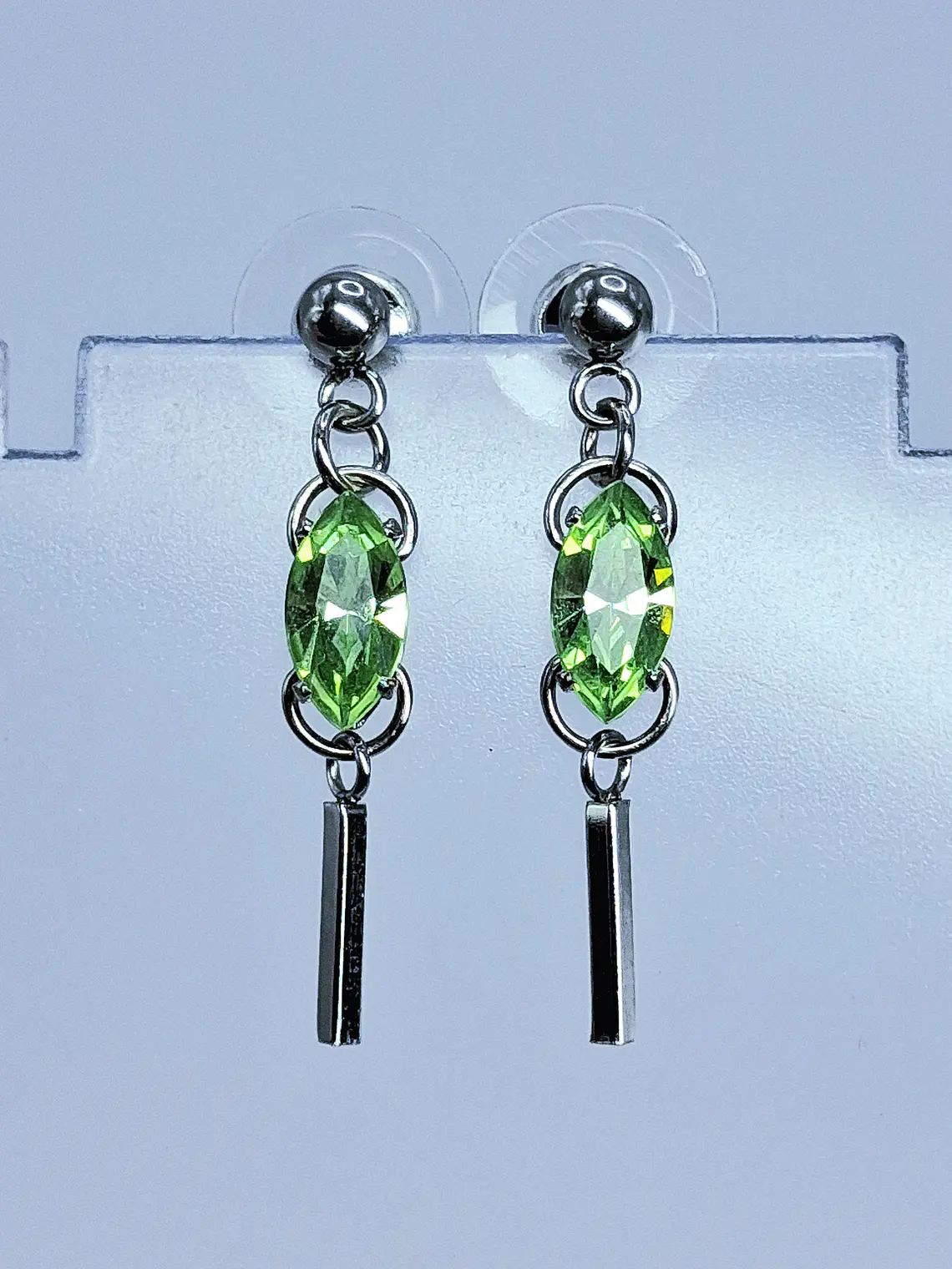 Contemporary Apple Green uranium glass dangle earrings -       #Be092 3