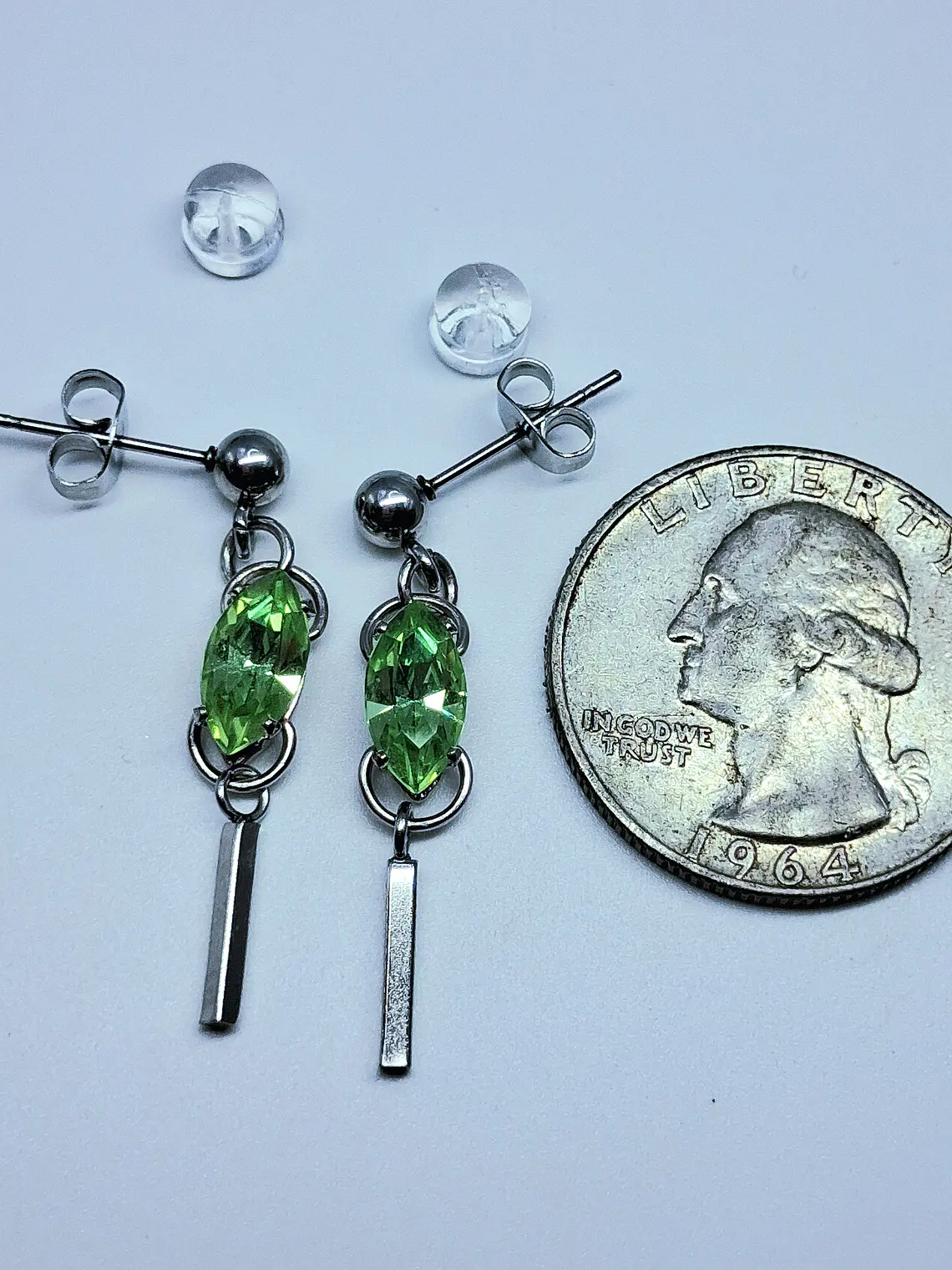 Contemporary Apple Green uranium glass dangle earrings -       #Be092 5