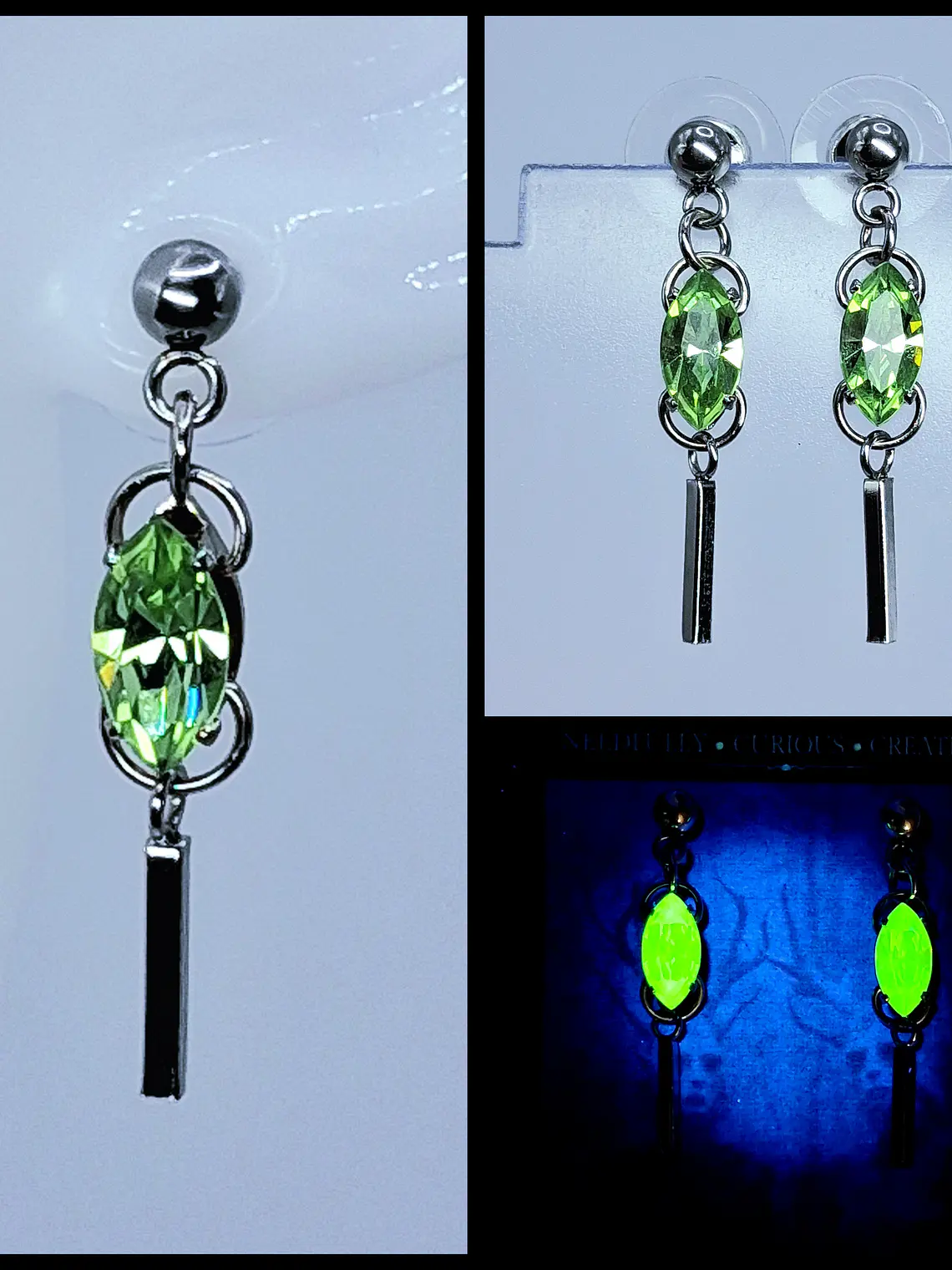 Contemporary Apple Green uranium glass dangle earrings -       #Be092 1