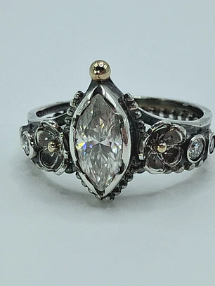 Sz7.5 - Dainty, floral 1ct Moisonite, Sterling and gold ring - VIDEO