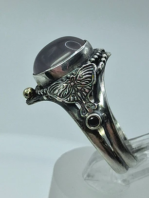 Sz7.25 - Stunning Star rose quartz Luna moth ring, Sterling and gold ring