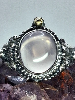 Sz7.25 - Stunning Star rose quartz Luna moth ring, Sterling and gold ring