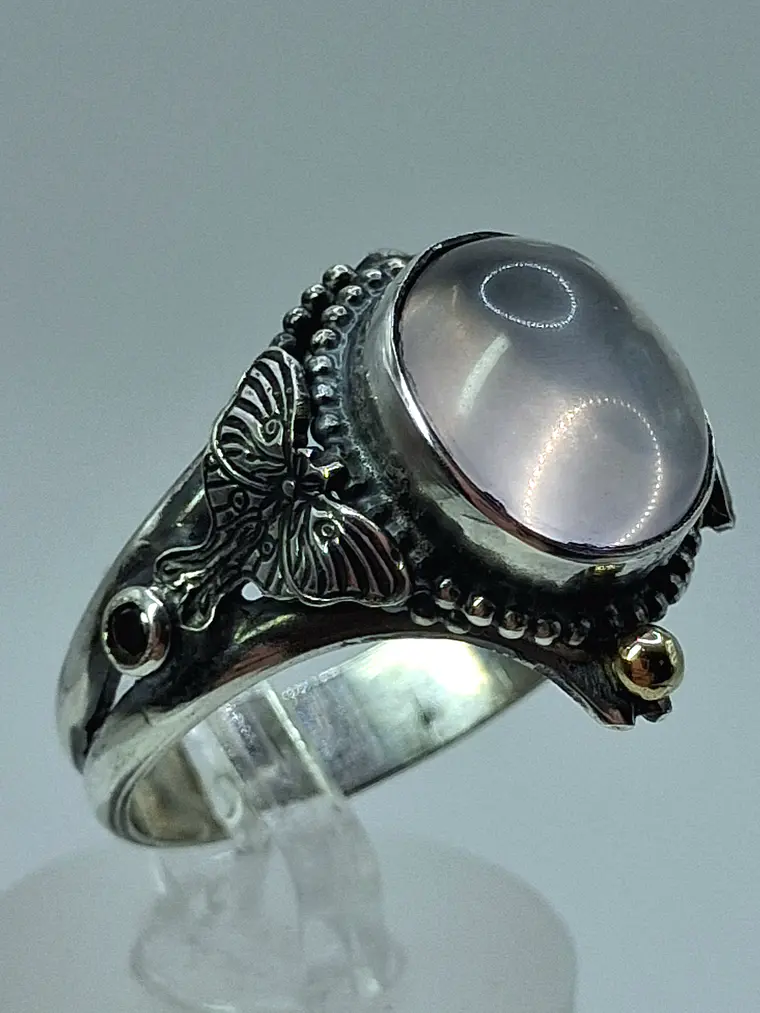 Sz7.25 - Stunning Star rose quartz Luna moth ring, Sterling and gold ring 3