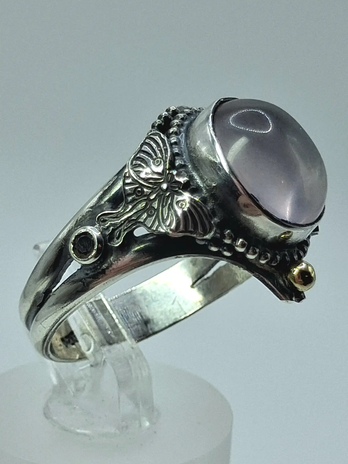 Sz7.25 - Stunning Star rose quartz Luna moth ring, Sterling and gold ring 4