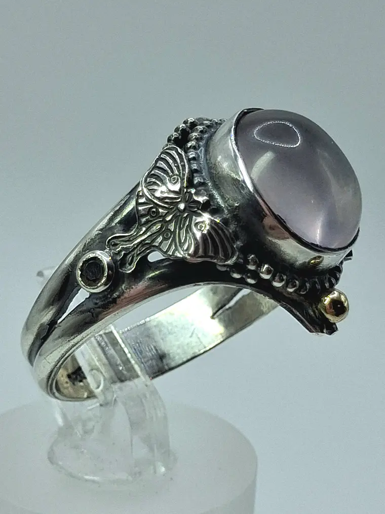 Sz7.25 - Stunning Star rose quartz Luna moth ring, Sterling and gold ring 4
