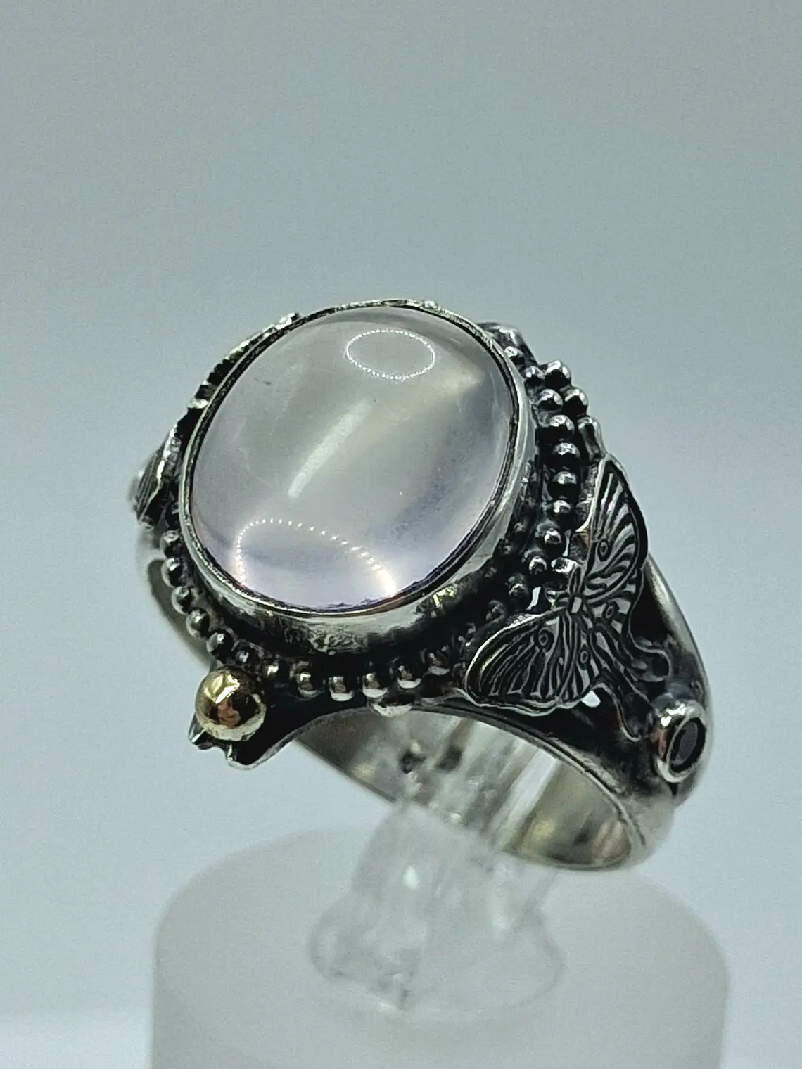 Sz7.25 - Stunning Star rose quartz Luna moth ring, Sterling and gold ring 5