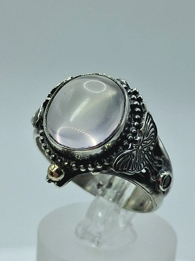 Sz7.25 - Stunning Star rose quartz Luna moth ring, Sterling and gold ring 5