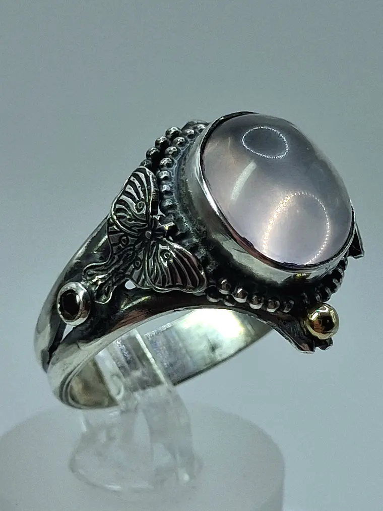 Sz7.25 - Stunning Star rose quartz Luna moth ring, Sterling and gold ring 7