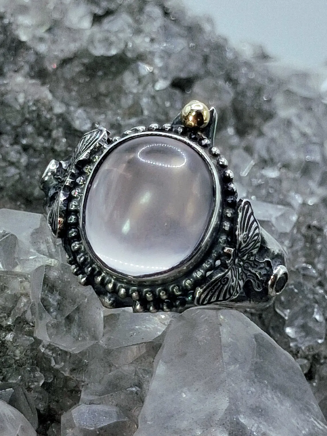 Sz7.25 - Stunning Star rose quartz Luna moth ring, Sterling and gold ring 8