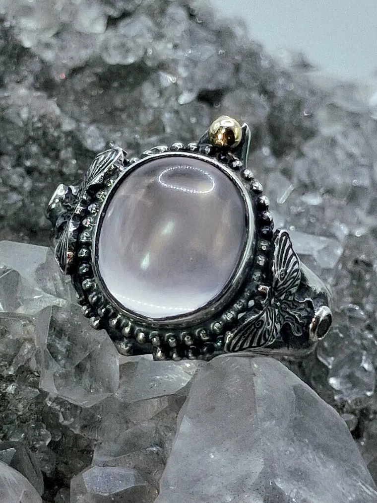 Sz7.25 - Stunning Star rose quartz Luna moth ring, Sterling and gold ring 8