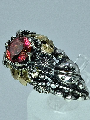 Ooak Watermelon Moissanite Ladybug ring. Sterling and gold ring