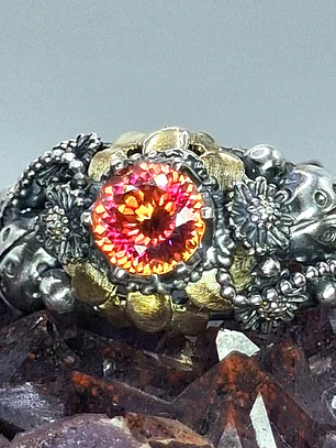 Ooak Watermelon Moissanite Ladybug ring. Sterling and gold ring