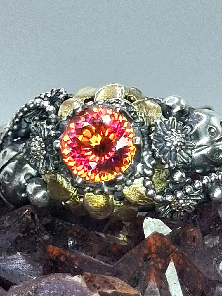 Ooak Watermelon Moissanite Ladybug ring. Sterling and gold ring 2