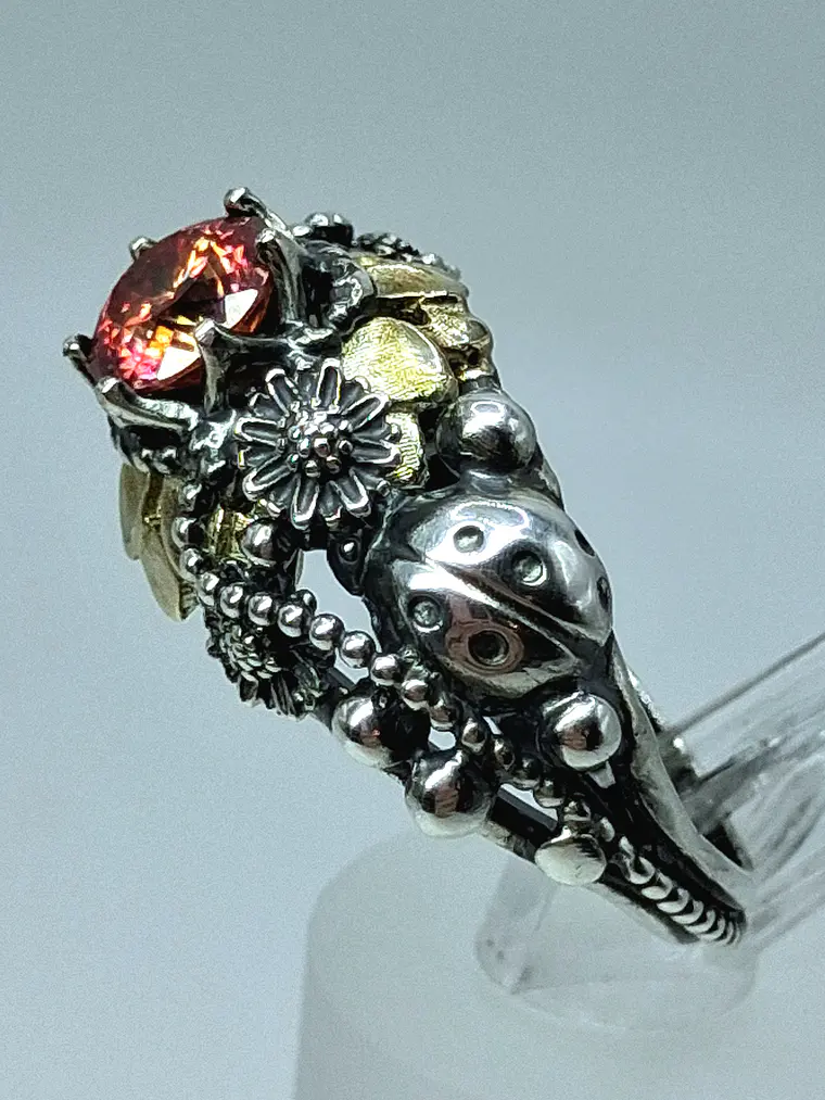Ooak Watermelon Moissanite Ladybug ring. Sterling and gold ring 3