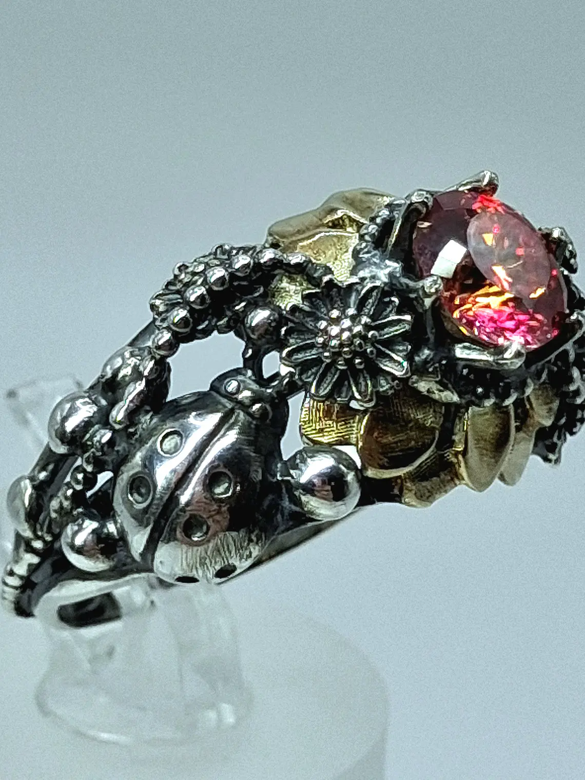 Ooak Watermelon Moissanite Ladybug ring. Sterling and gold ring 4