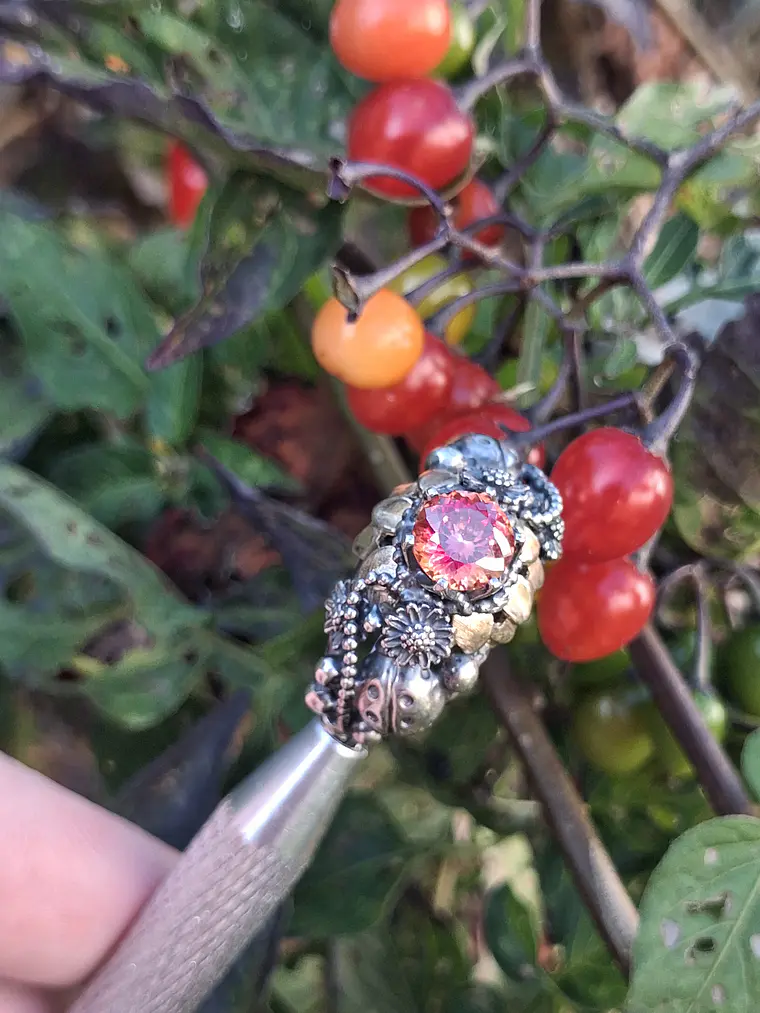 Ooak Watermelon Moissanite Ladybug ring. Sterling and gold ring 6