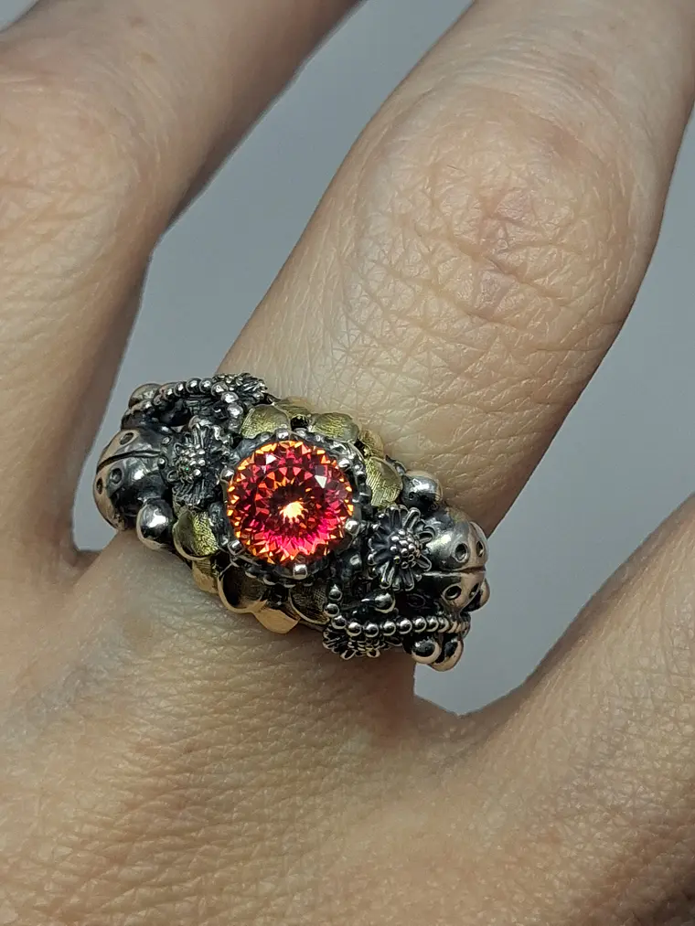 Ooak Watermelon Moissanite Ladybug ring. Sterling and gold ring 7
