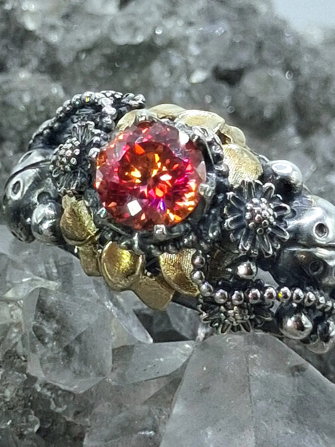 Ooak Watermelon Moissanite Ladybug ring. Sterling and gold ring 9