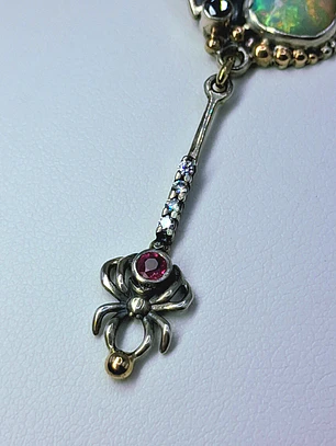 Sterling and gold, Opal, ruby and amethyst spider necklace - OOAK