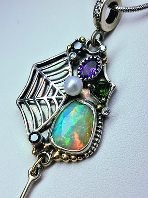Sterling and gold, Opal, ruby and amethyst spider necklace - OOAK