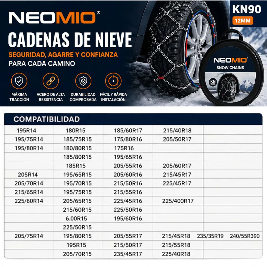 SET CADENA NIEVE ACERO KN90 12MM ARO 14 AL 18 4