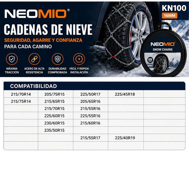 SET CADENA NIEVE ACERO KN100 16MM ARO 15 AL 22 2