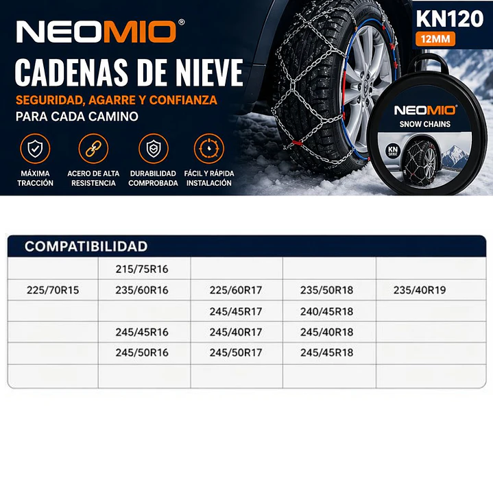 SET CADENA NIEVE ACERO KN120 12MM ARO 15 AL 20 2