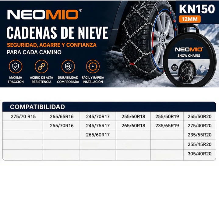 SET CADENA NIEVE ACERO KN150 12MM ARO 15 AL 20 2