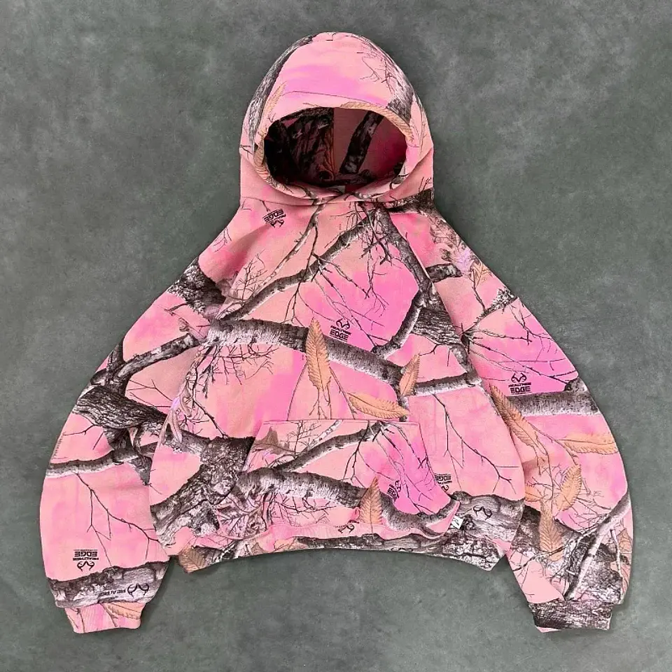 Y2K Retro Zip Up Hoodie Pink Branch Camo Print Pattern Sweatshirt Streetwear Harajuku Trendy Casual Camouflage Unisex Boxy Coat 1