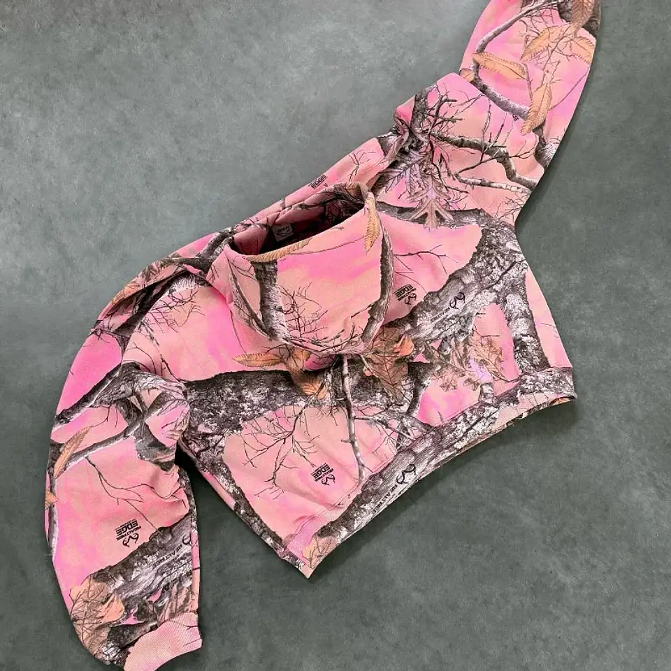 Y2K Retro Zip Up Hoodie Pink Branch Camo Print Pattern Sweatshirt Streetwear Harajuku Trendy Casual Camouflage Unisex Boxy Coat 2