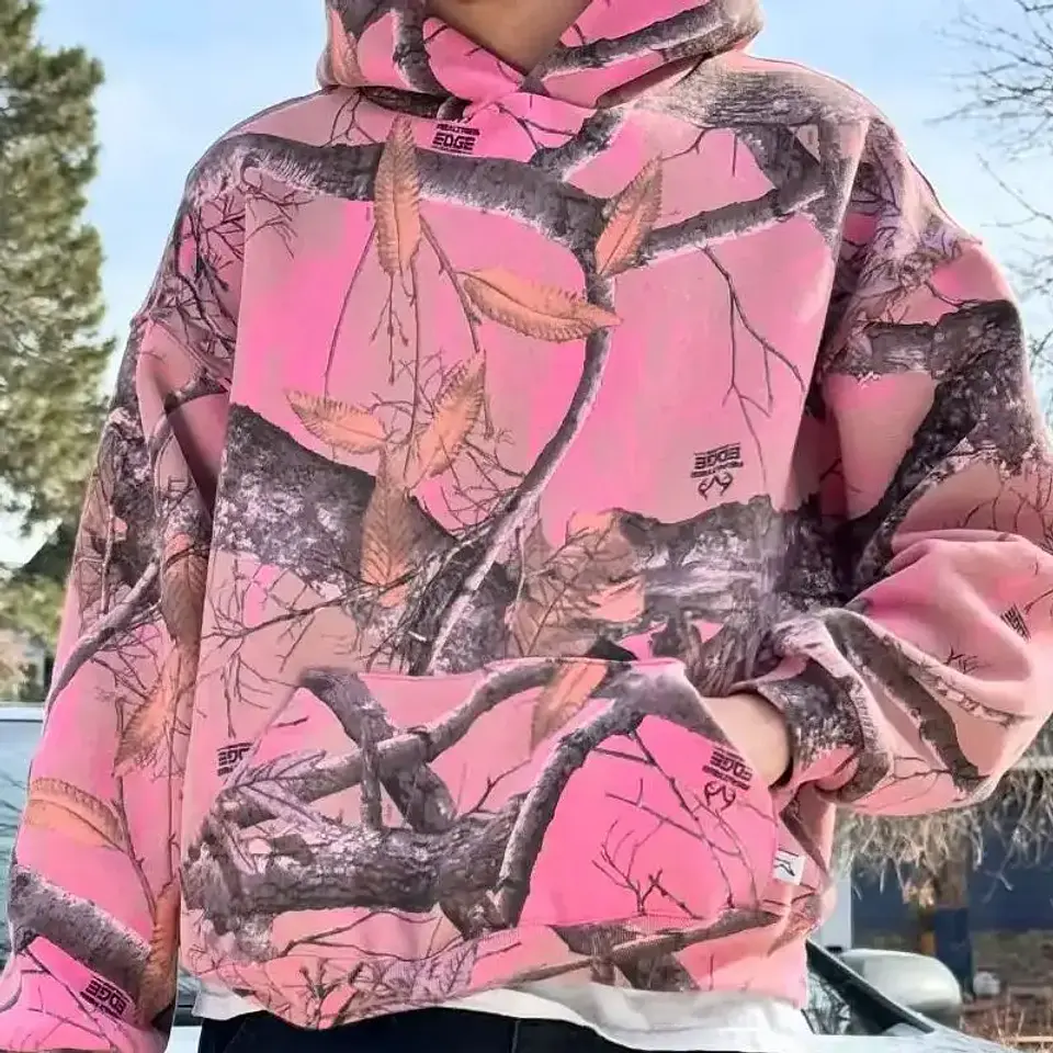 Y2K Retro Zip Up Hoodie Pink Branch Camo Print Pattern Sweatshirt Streetwear Harajuku Trendy Casual Camouflage Unisex Boxy Coat 3