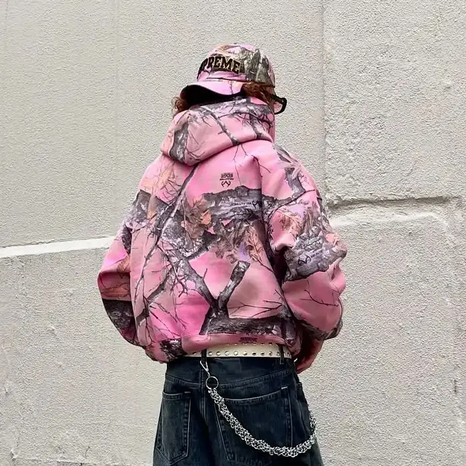 Y2K Retro Zip Up Hoodie Pink Branch Camo Print Pattern Sweatshirt Streetwear Harajuku Trendy Casual Camouflage Unisex Boxy Coat 4