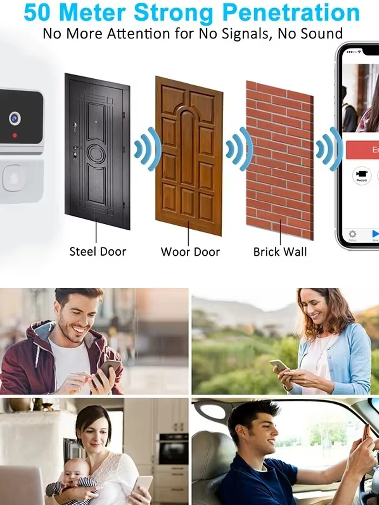 Timbres con vídeo WiFi Cámara inalámbrica Detección de movimiento PIR Alarma IR Seguridad Timbres inteligentes Intercomunicador WiFi 6