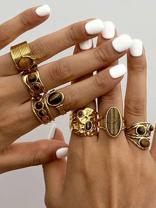 Anillo ovalado de piedra natural ojo de tigre vintage 