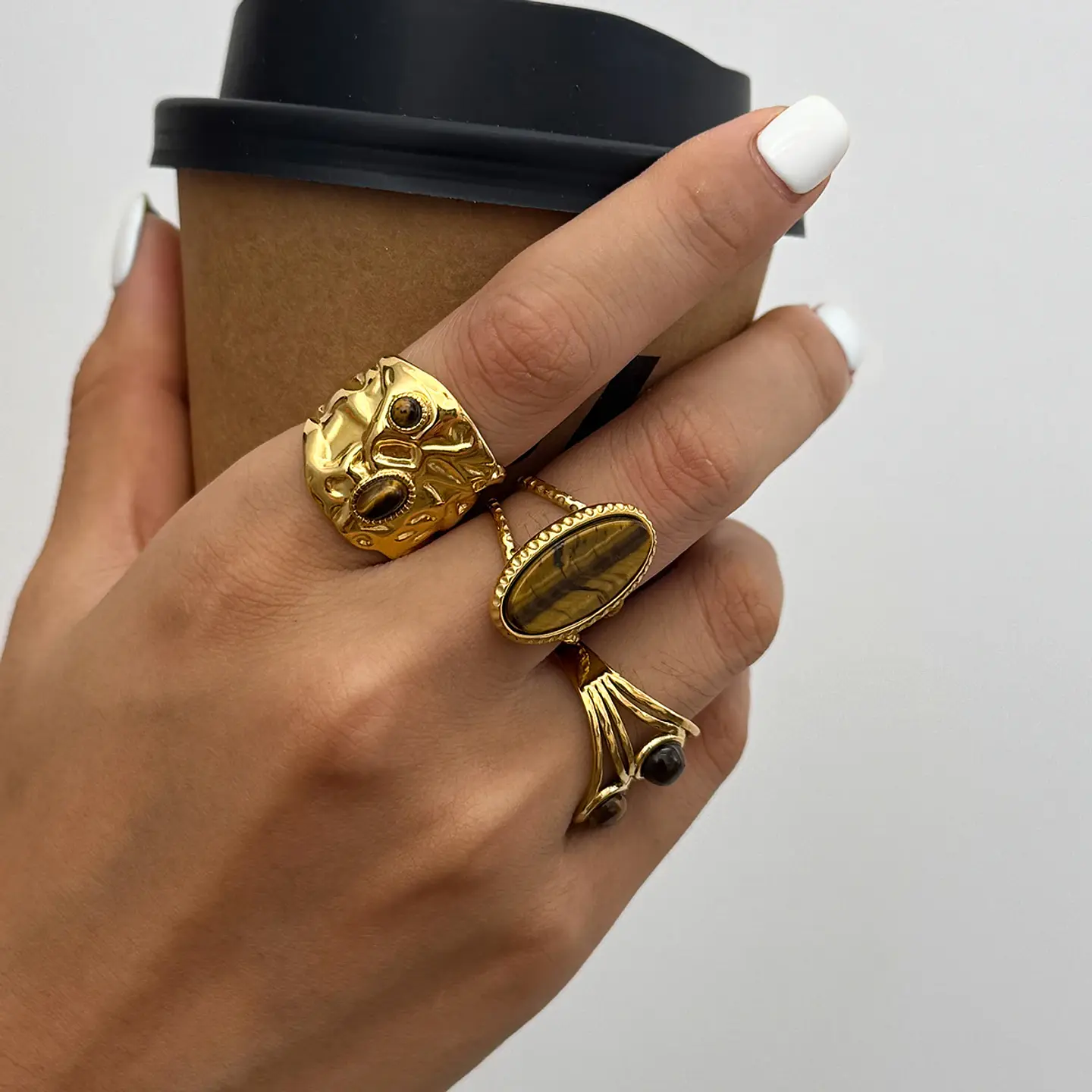 Anillo ovalado de piedra natural ojo de tigre vintage  2