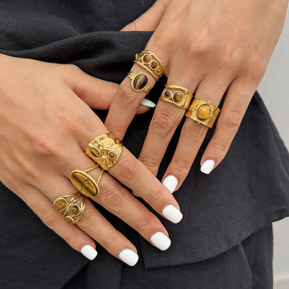 Anillo ovalado de piedra natural ojo de tigre vintage  3