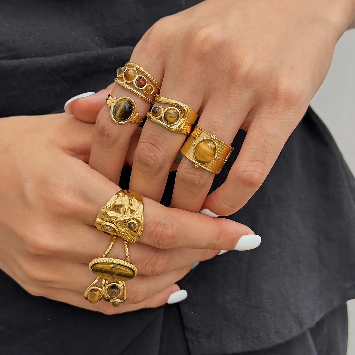 Anillo ovalado de piedra natural ojo de tigre vintage  4