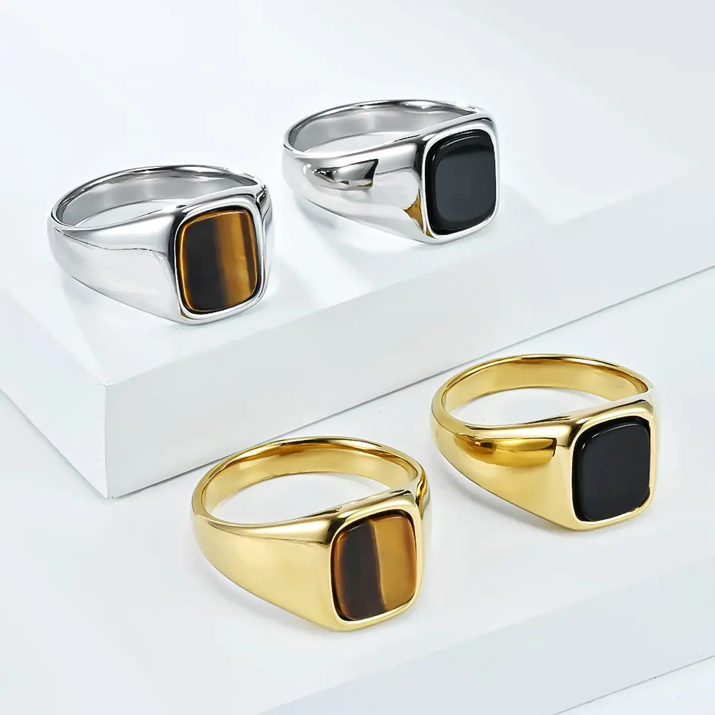 Anillo de sello vintage de acero inoxidable con piedra ojo de tigre  1