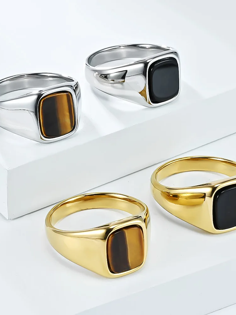 Anillo de sello vintage de acero inoxidable con piedra ojo de tigre  1