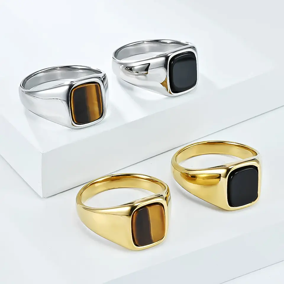 Anillo de sello vintage de acero inoxidable con piedra ojo de tigre  1