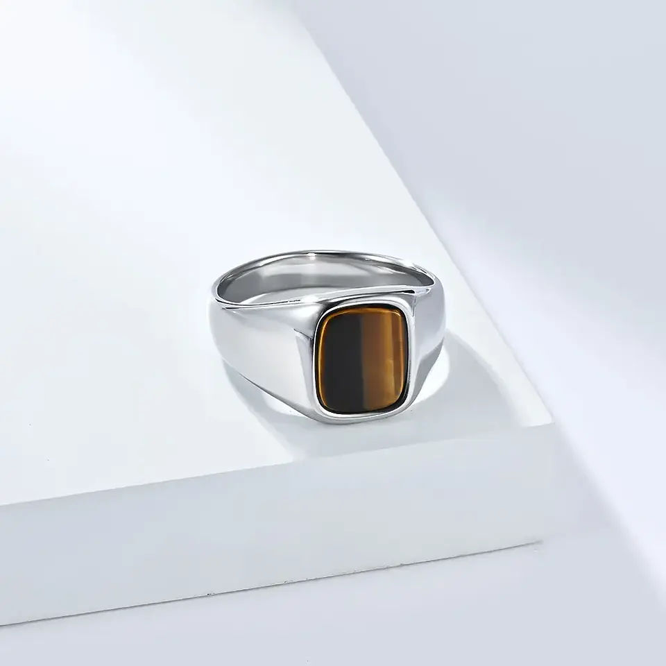 Anillo de sello vintage de acero inoxidable con piedra ojo de tigre  12